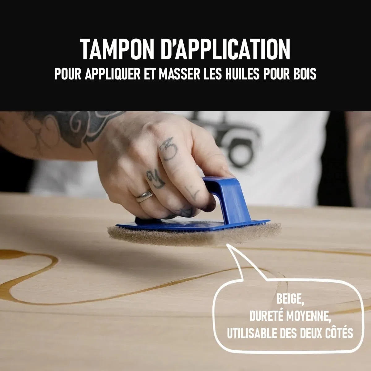 OLI-NATURA Padset avec support à main et 20 pads - Set complet pour l’application professionnelle d’huile sur bois - Pads de massage et polissage