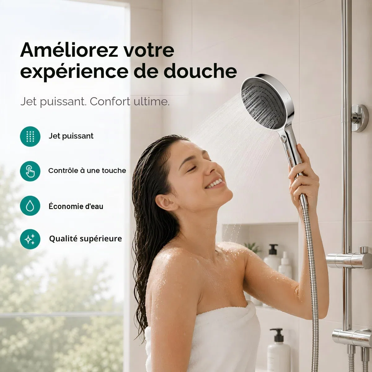 Pommeau de Douche Economie Deau, Haute Pression Douchette avec 7 Modes de Jet, 135 mm Grande Poire de Douche, Chromé (Argenté)