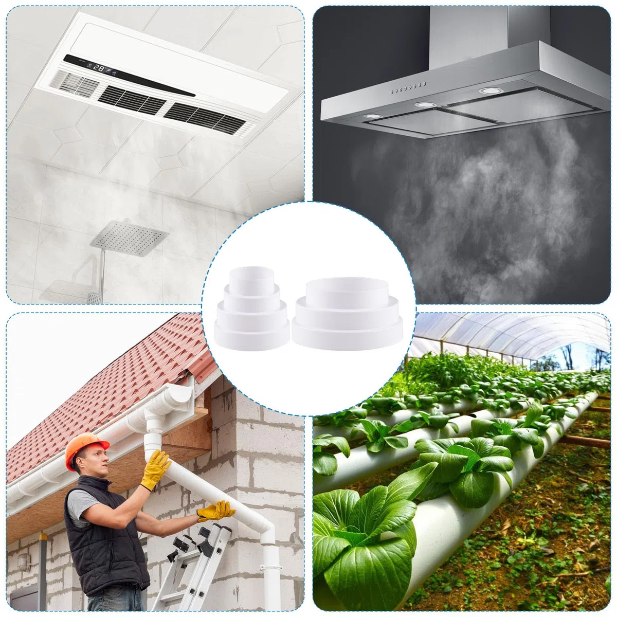 Droites Réducteur de Conduits Ø 80 100 110 120 130 150mm en ABS Avec colliers en acier inoxydable et ruban adhésif en aluminium Adaptateur Universel pour Tuyau de Ventilation Connecteur de Réduction