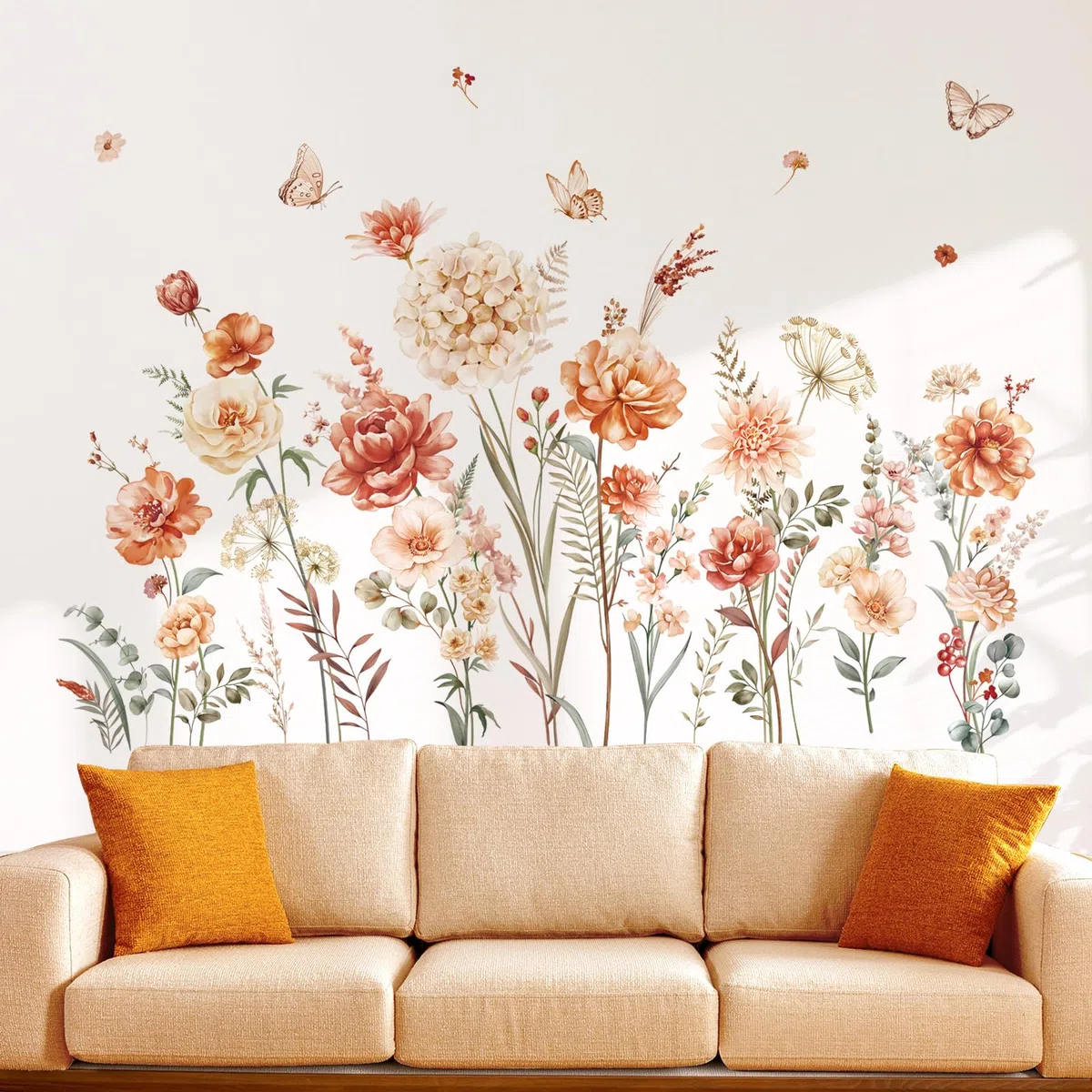 decalmile Stickers Muraux Fleur Boho Autocollant Mural Floral de Jardin Pissenlit Herbe Papillon Décoration Murale Filles Chambre Salon Cuisine
