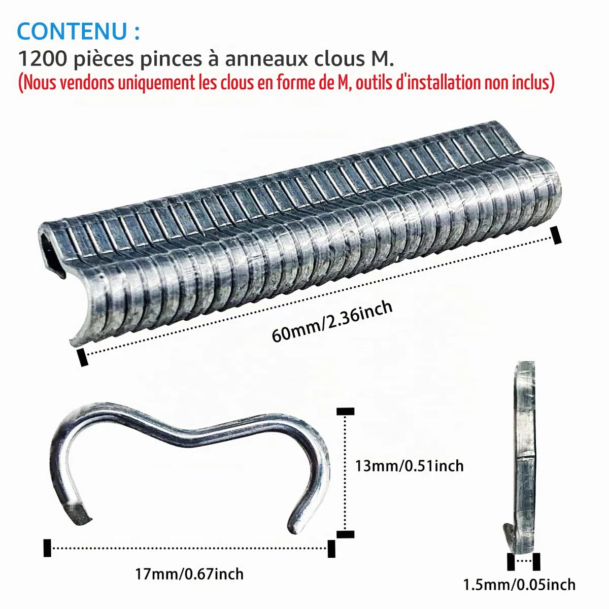 Lot de 1 200 pinces à ongles M pour cage à poulet, fil à souder, joints de soudure, pinces à anneaux de porc pour cages d'animaux domestiques, clôtures (clous M uniquement)