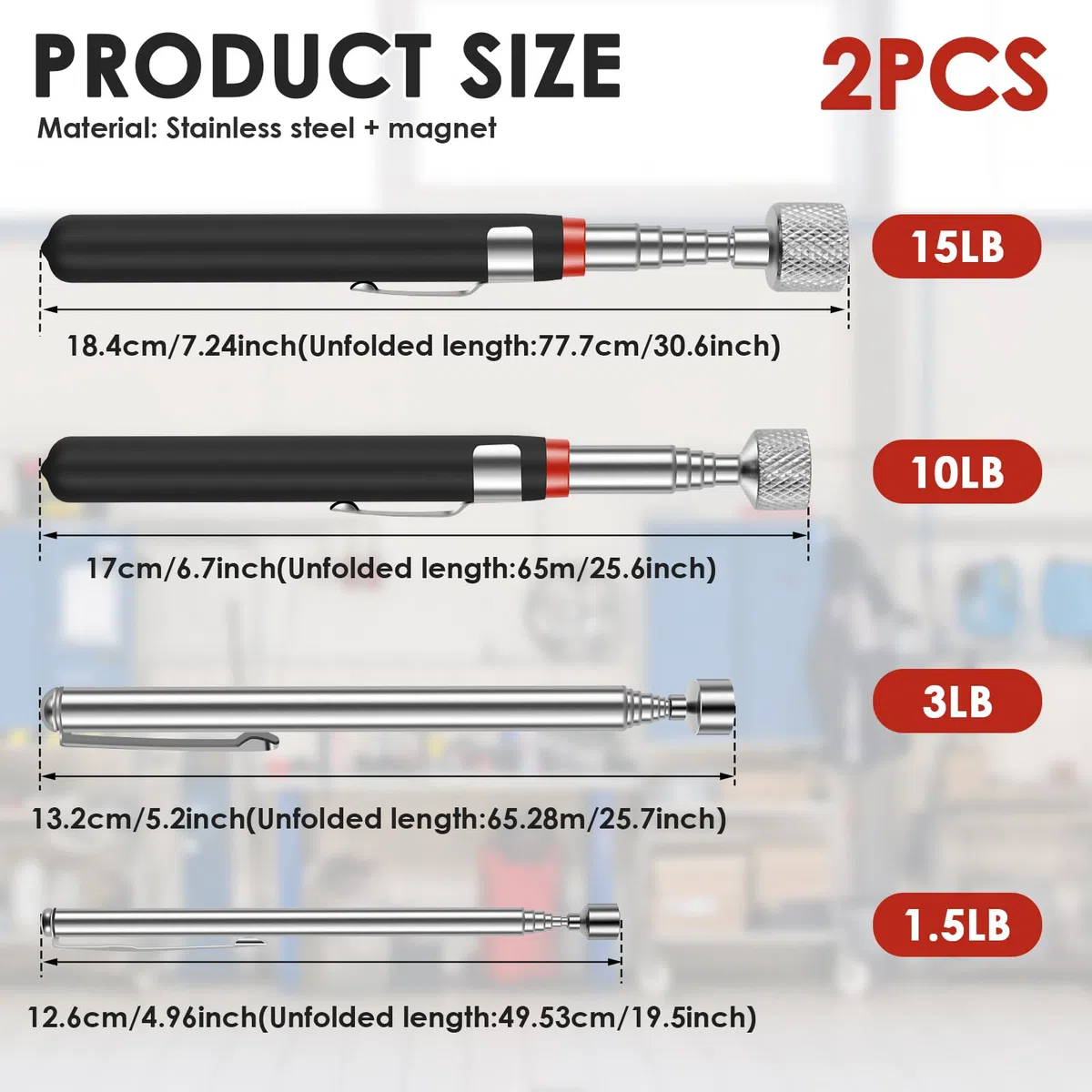 Lot de 8 Aimant Telescopique,Magnétiques Télescopiques,Ramassage Magnétique Flexible,Aimant Mecanique Auto pour Aufnahme de Pièces Métalliques Petites Pièces(1.5LB/3LB/10LB/15LB)