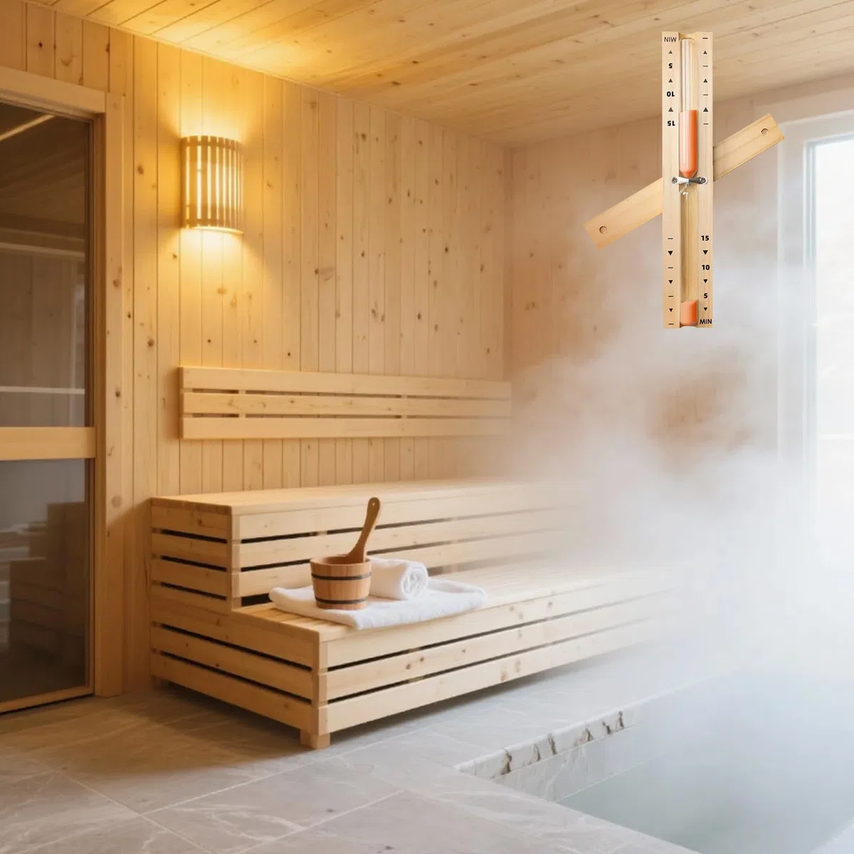 Sablier pour Sauna 15 Minutes en Bois 100% Naturel – Horloge de Sauna Élégante avec Sable Ultra Fin – Minuteur Relaxation & Bien-être, Sans Verre, Design Zen & Durable