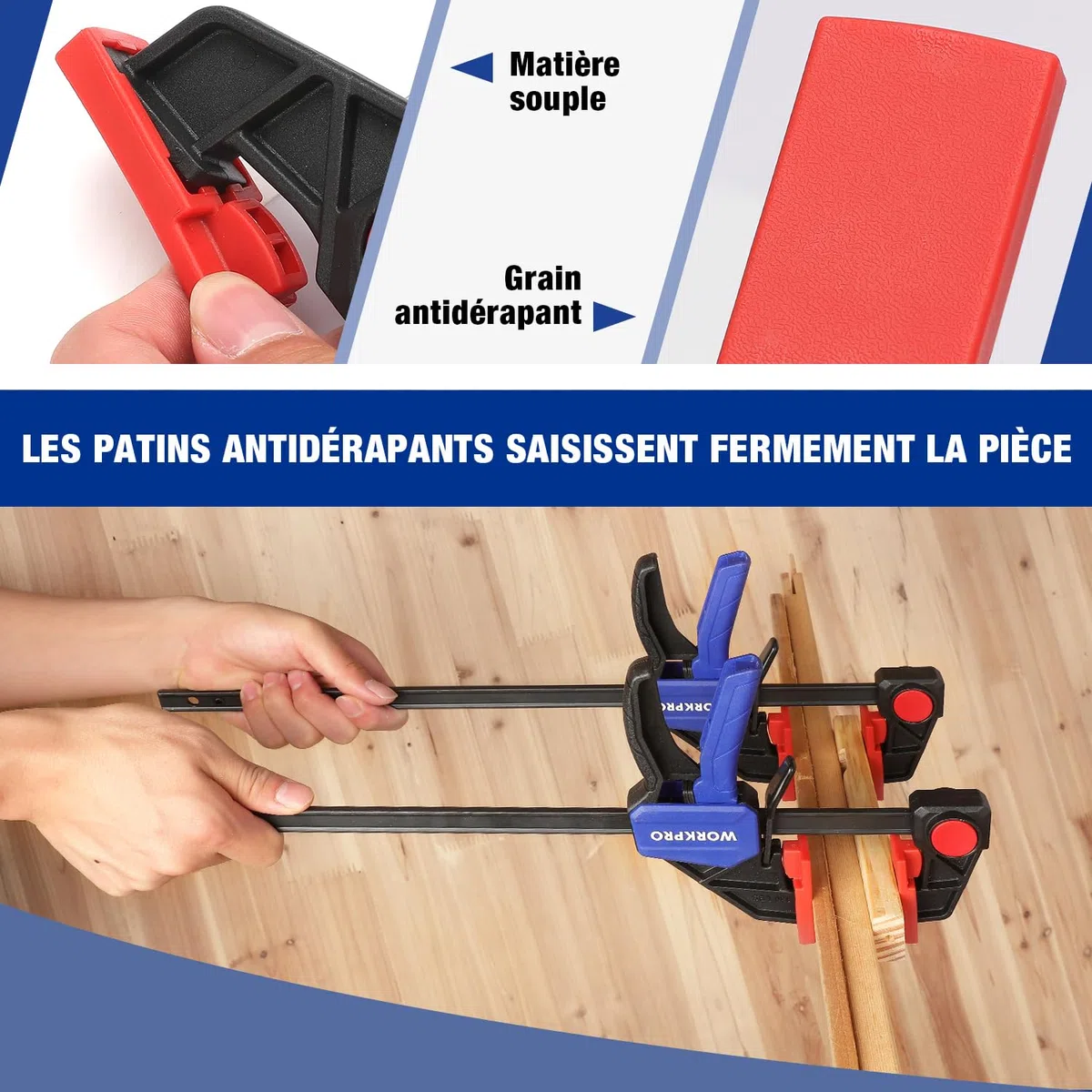 WORKPRO Jeu de 2 Serre-joints à une Main en Acier et Nylon pour une Fixation Précise, Largeur de Serrage de 305 mm, Force de Serrage Maximale de 68 kg, Plage d'Étirement jusqu'à 440 mm