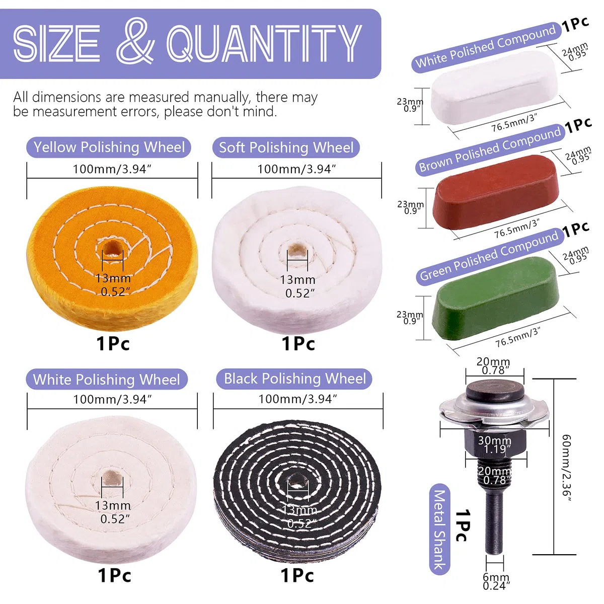 Swpeet Lot de 7 roues de polissage de 10.2 cm avec 3 composés de polissage et tige de foret de 6.35 mm, coton blanc (50 plis), flanelle (30 plis), roues denim pour meuleuse d'établi