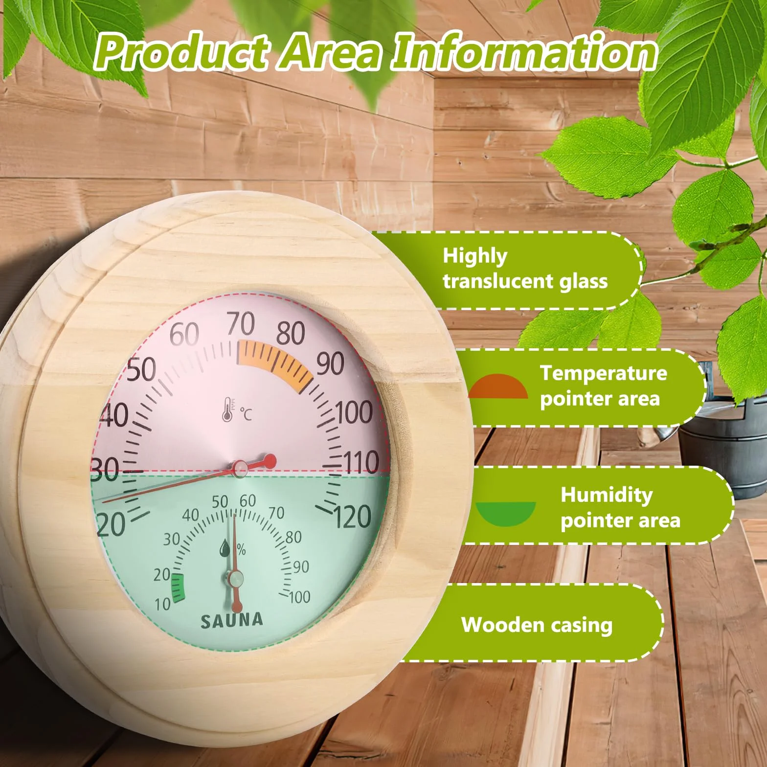 Thermomètre de sauna 2 en 1 - En bois - Particulièrement précis - Avec verre trempé - Calibrage automatique - Pour hammams et saunas
