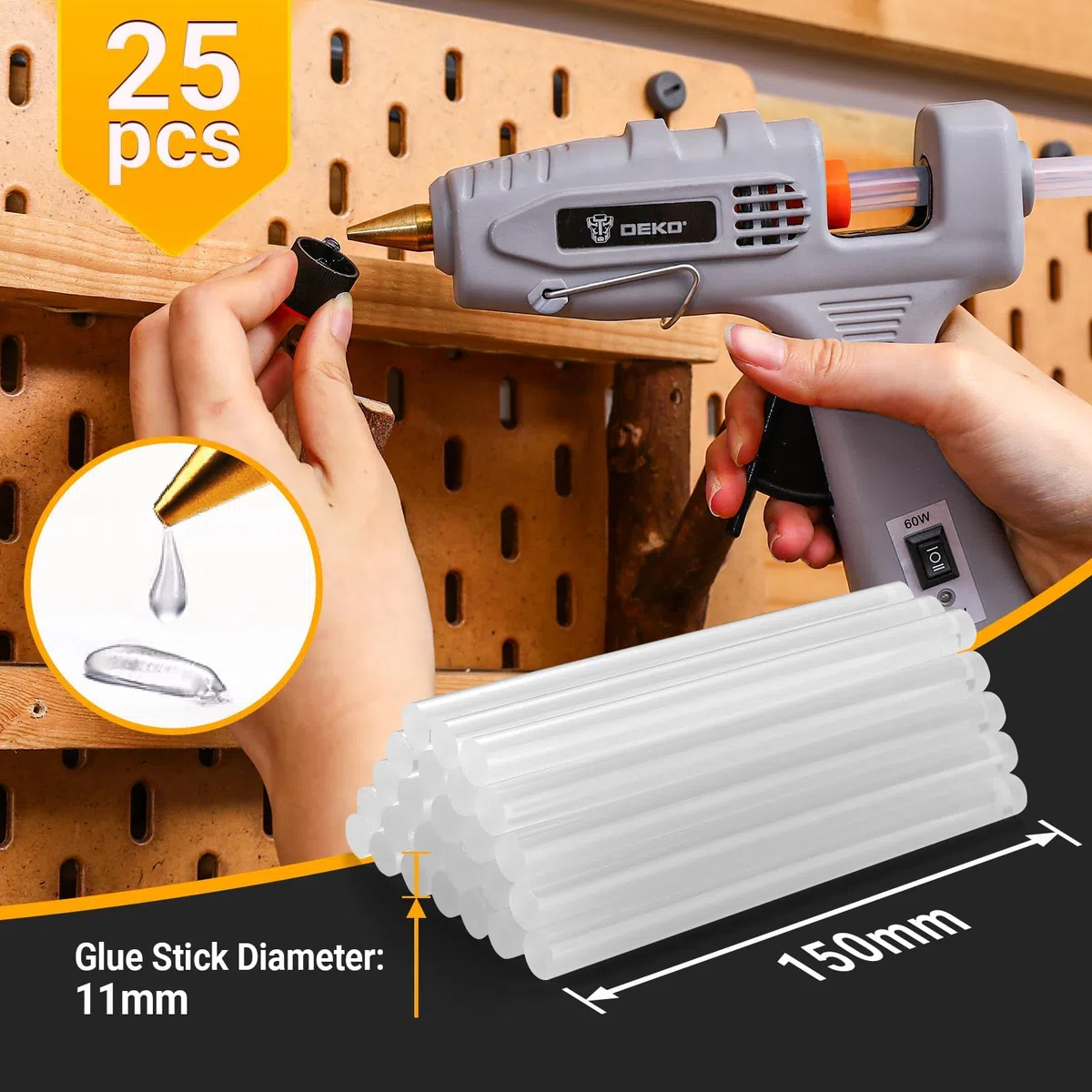 DEKO Pistolet à Colle Chaude: 60/100W Double Température Pistolet à Silicone avec une Gouttière, Pistolet à Colle avec 25 PCS Barres de Colle, pour DIY, Art, École, Emballages, Réparations