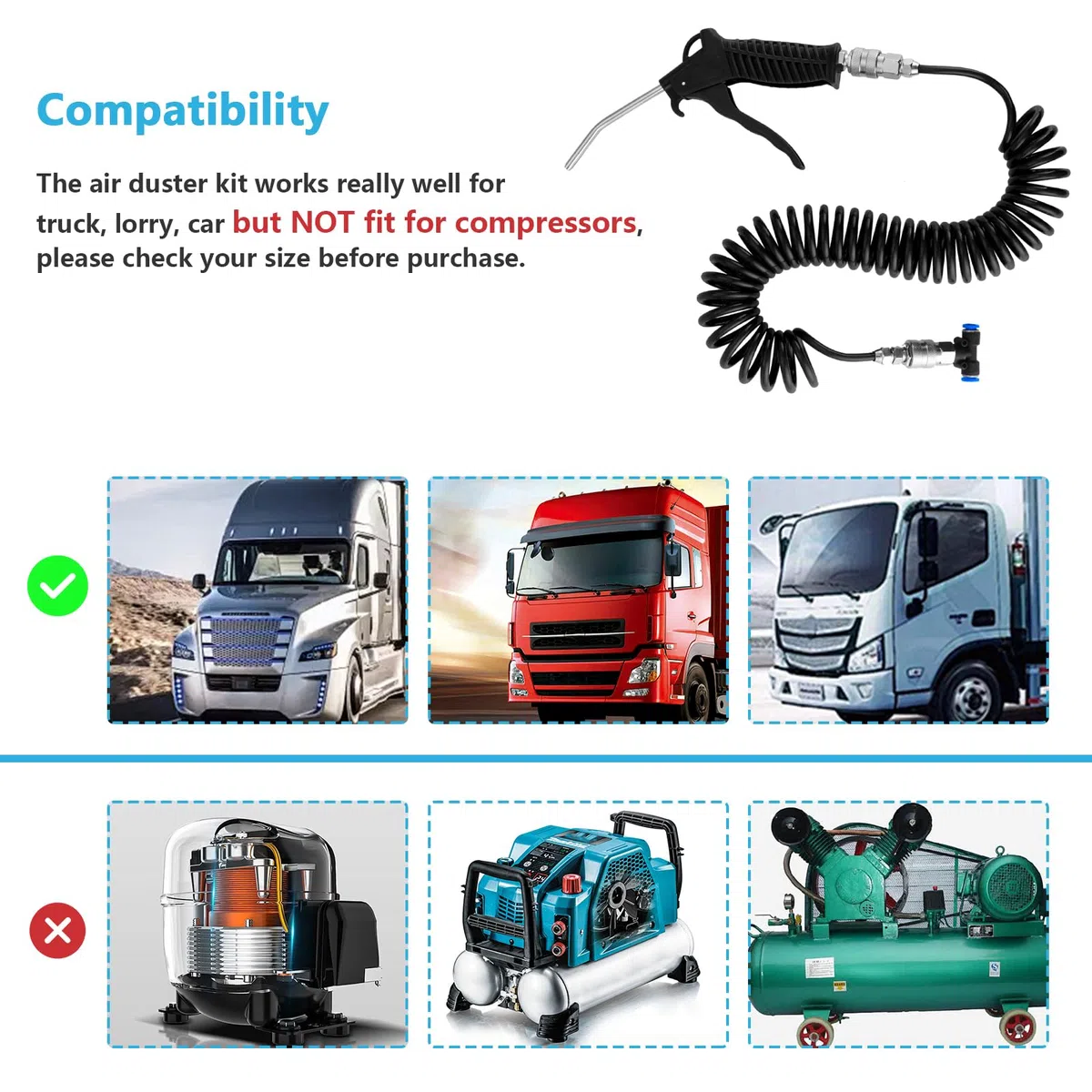 Soufflette Camion Soufflette Pneumatique avec Tuyau de Spirale de 5 mètres Kit de nettoyage de pistolet à air pour camion avec connecteur en T, Noir