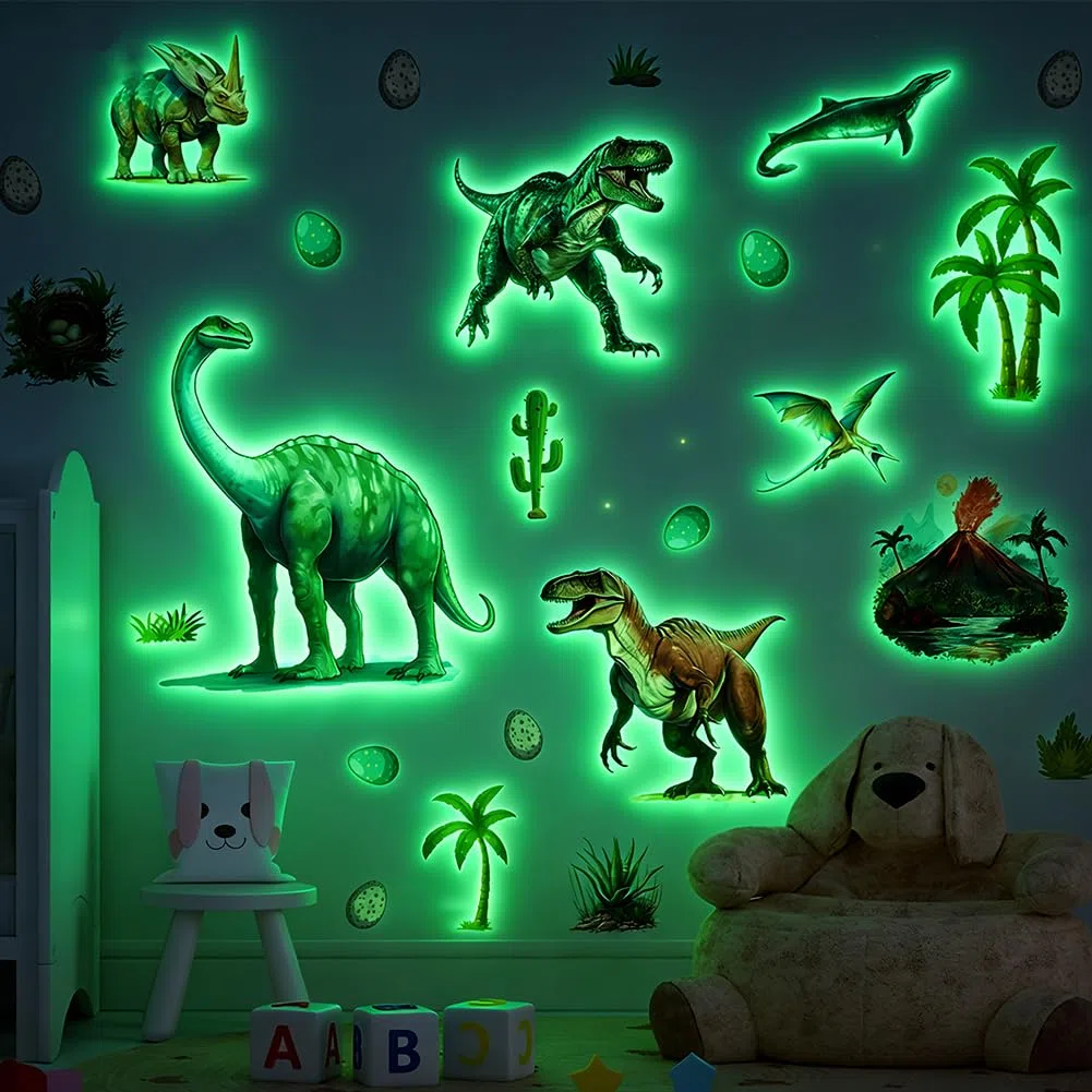Autocollants Dinosaures Fluorescents, Décalcos Dinosaures, Autocollants Muraux Amovibles pour Chambre Salon, Décorations pour Enfants Garçons Filles Chambre Bébé