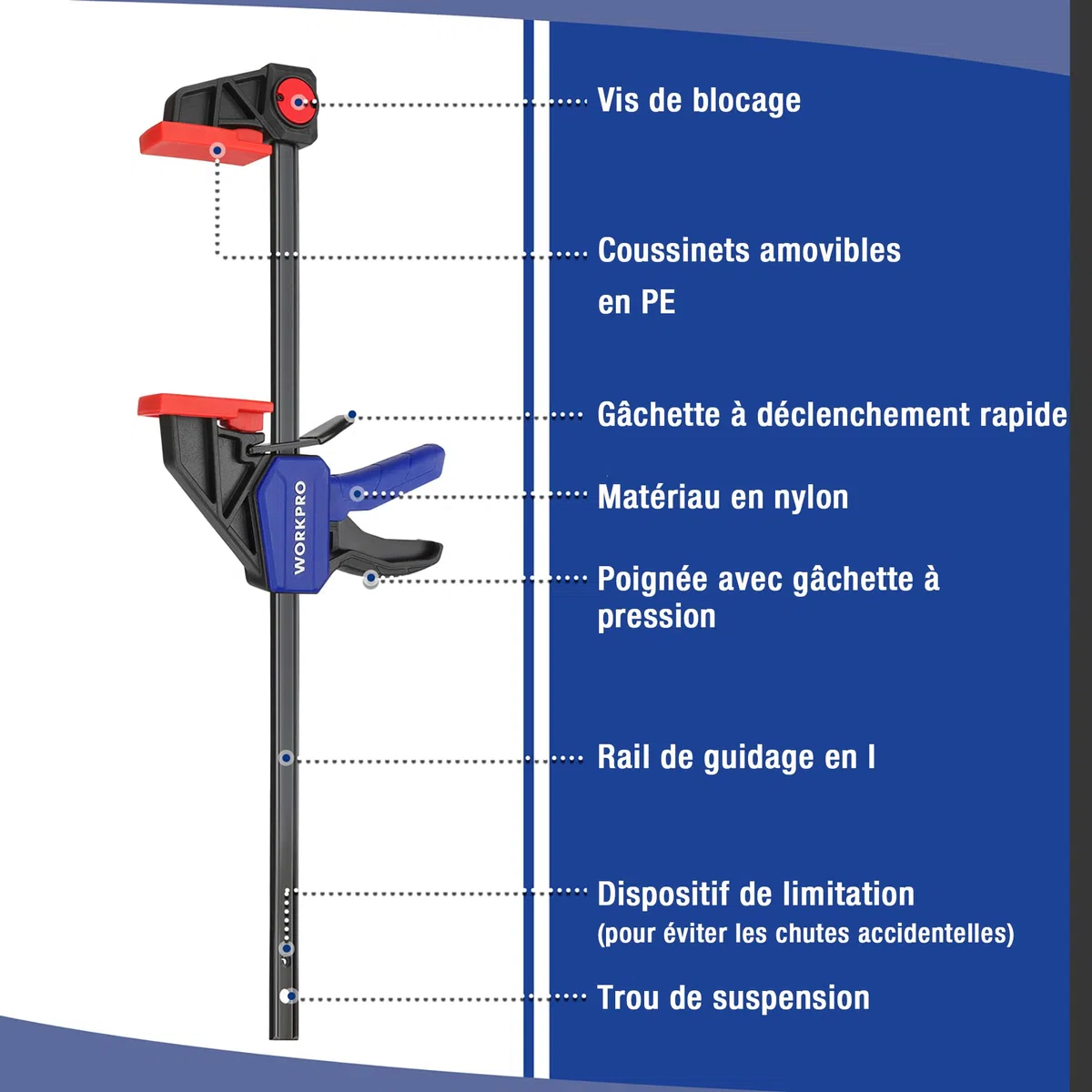 WORKPRO Jeu de 2 Serre-joints à une Main en Acier et Nylon pour une Fixation Précise, Largeur de Serrage de 305 mm, Force de Serrage Maximale de 68 kg, Plage d'Étirement jusqu'à 440 mm