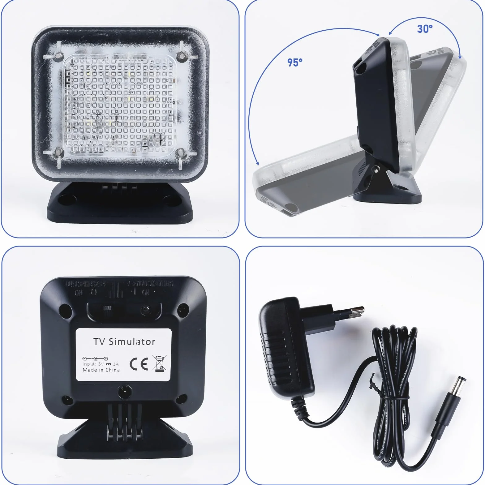 Simulateur TV avec 12 LED et 3 programmes sélectionnables, simulateur TV factice, économe en énergie, avec minuterie, complet avec adaptateur secteur, à utiliser comme protection anti-effraction, noir