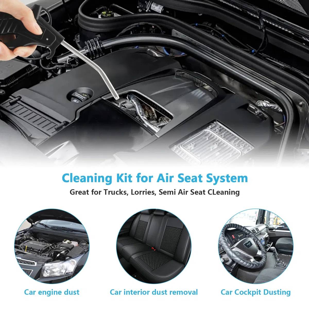 Soufflette Camion Soufflette Pneumatique avec Tuyau de Spirale de 5 mètres Kit de nettoyage de pistolet à air pour camion avec connecteur en T, Noir