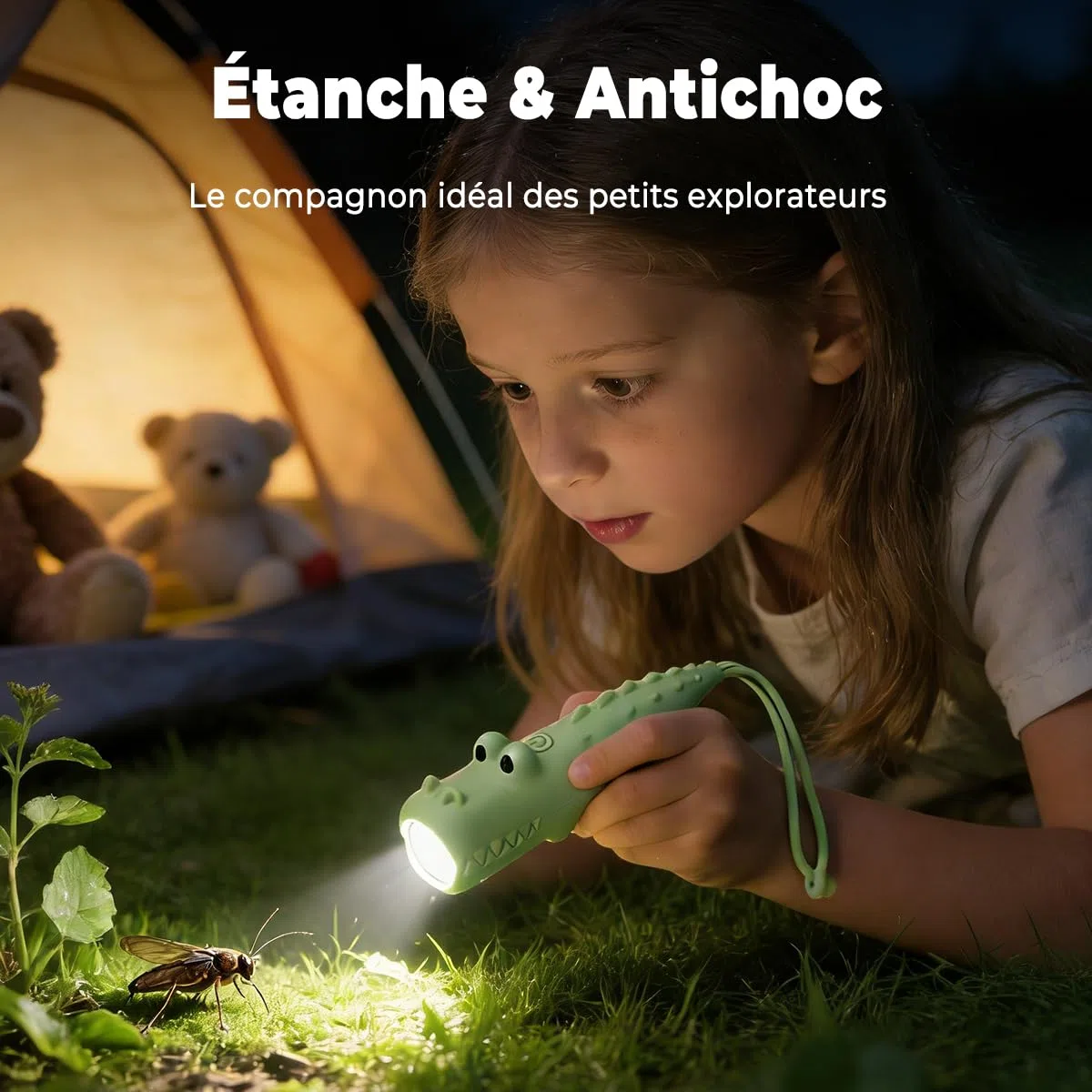 Lampe Torche Enfant LED Rechargeable USB-C, Lampe de Poche Enfant Crocodile avec Dragonne, Petite Lampe Torche Silicone Dès 3 Ans, Lampe Camping Enfant Cadeau