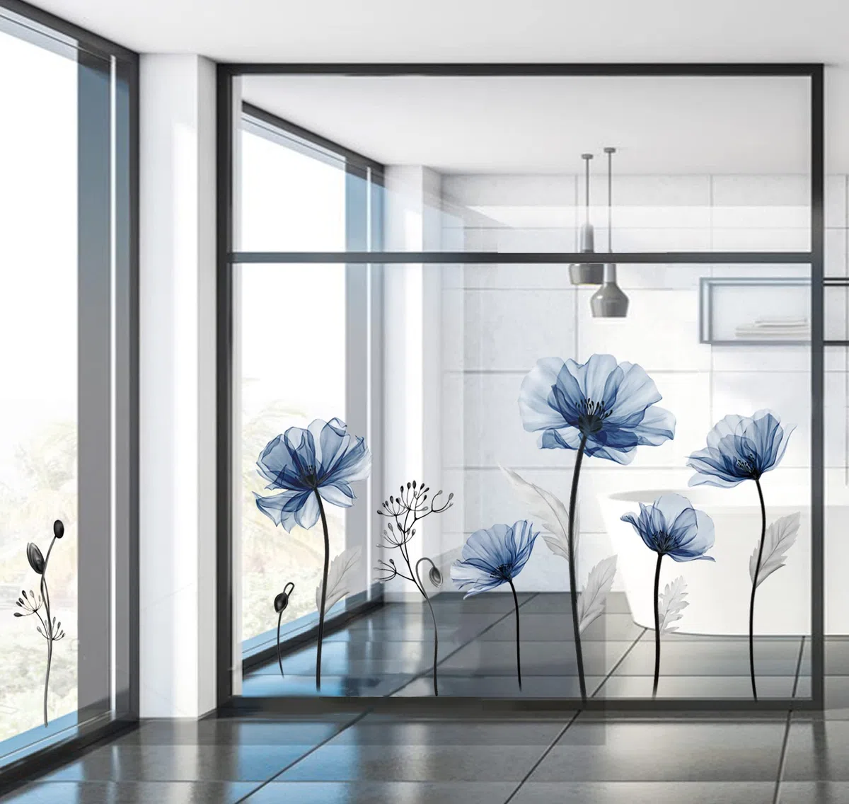 decalmile Stickers Muraux Fleurs Bleues Grand Autocollant Mural Fleurs Bleu Coquelicot Plante Décoration Murale Salon Chambre Salle de Bain