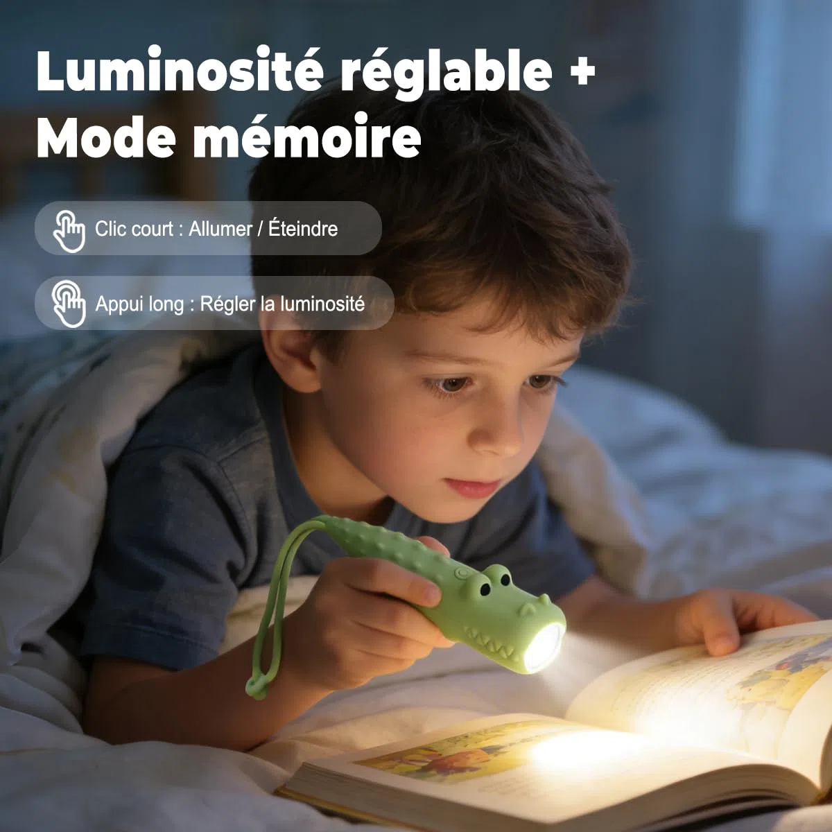 Lampe Torche Enfant LED Rechargeable USB-C, Lampe de Poche Enfant Crocodile avec Dragonne, Petite Lampe Torche Silicone Dès 3 Ans, Lampe Camping Enfant Cadeau