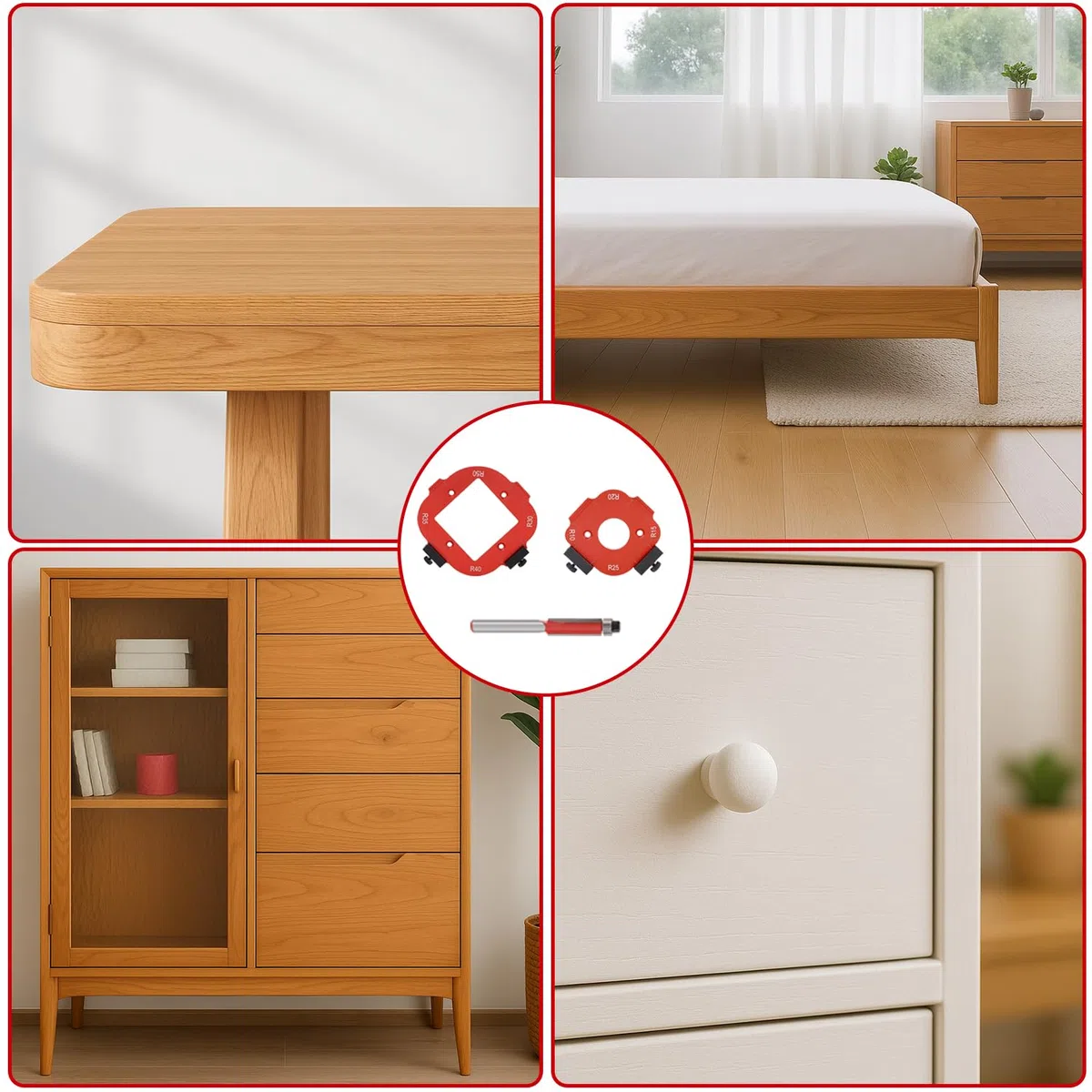2 Pièces Gabarit Defonceuse a Bois, R10 R15 R20 R25 R30 R35 R40 R50 Gabarit de Toupie avec Fraise à Ras, Gabarit 4en1 pour Toupie, pour le Bricolage du Bois