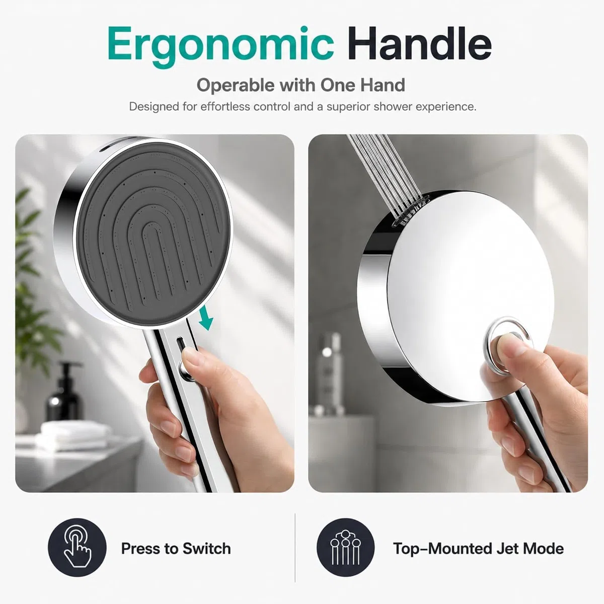 Pommeau de Douche Economie Deau, Haute Pression Douchette avec 7 Modes de Jet, 135 mm Grande Poire de Douche, Chromé (Argenté)