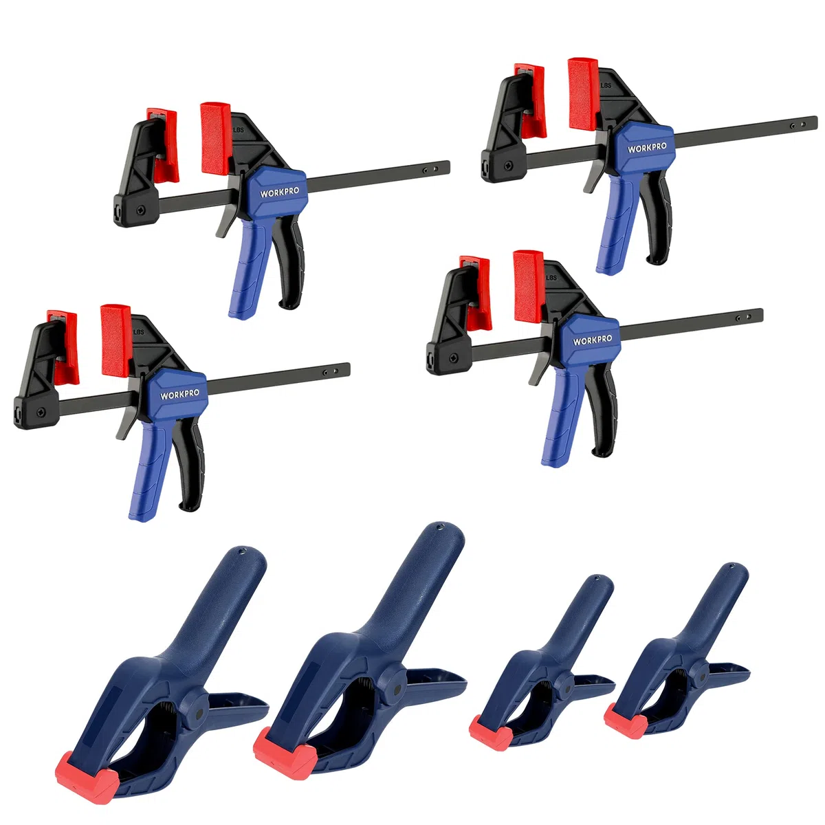 WORKPRO Serre Joint et Pince à Ressort 8 Pièces, 4 Mini Serres-joint (Longeur:200 mm,Portée 115 mm, Plage d'expansion 200 mm)et 4 Pinces à Ressort (Largeur d’Ouverture 45 mm/60 mm)pour Travail du Bois