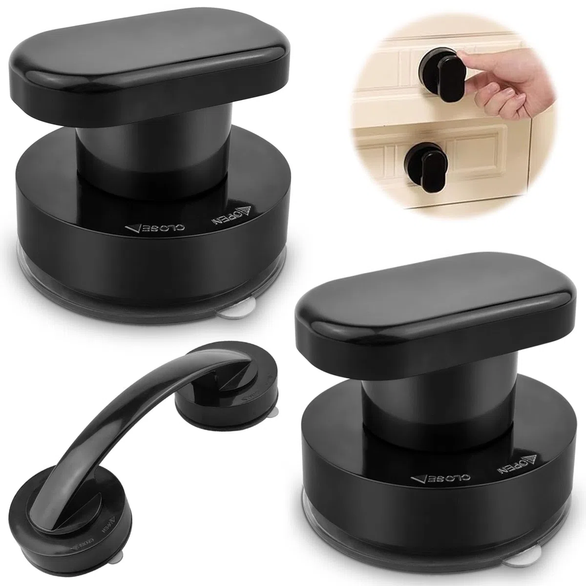 3 Pcs Poignée Ventouse Ensemble, Poignet Ventouse Baie Vitrée | 2 Styles Noir pour Porte en Verre, Armoire, Tiroir, Réfrigérateur, Balcon Poignée Frigo Porte