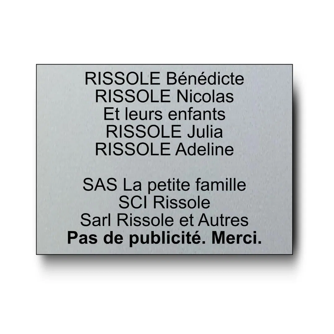 Plaque Boite Aux Lettres Personnalisable - 12x10cm - 10 Lignes - Étiquette Avec Nom Adhésive - Grand Format - Gravée et Personnalisée pour Porte - Maison - Famille - Bureau - Stop Pub (Argent)