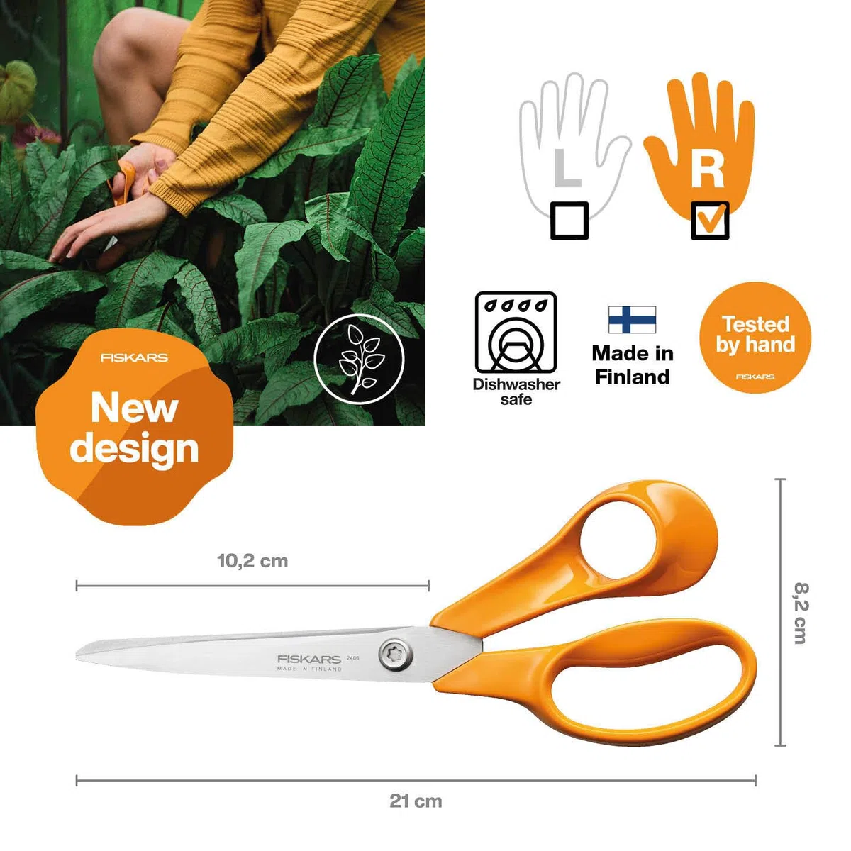 Fiskars Classic Ciseaux Universels, Pour Droitier, Longueur Totale : 21 cm, Vis Torx Améliorée et Poignée Plus Ergonomique, Acier de Qualité/Plastique, Orange, 1075033