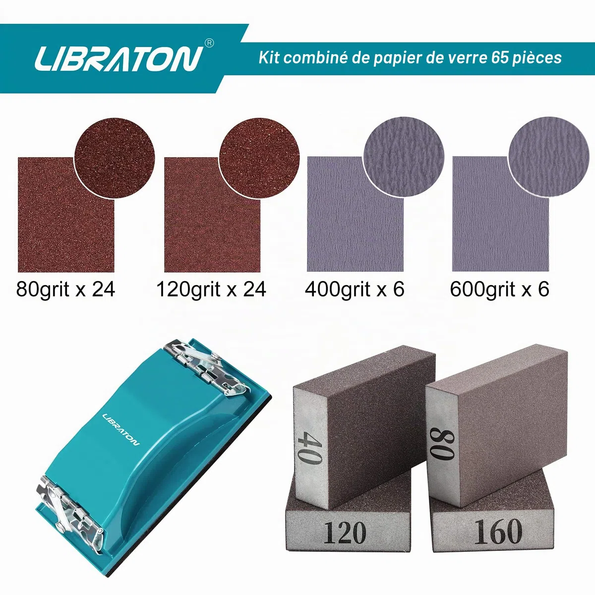 Libraton Papier Abrasive 65 Pièces, Assortiment de Verre Grain 80 à 600 Feuilles avec Ponceuse à Main, Éponges à poncer de 40/80/120/160, finition de meubles en bois polissag