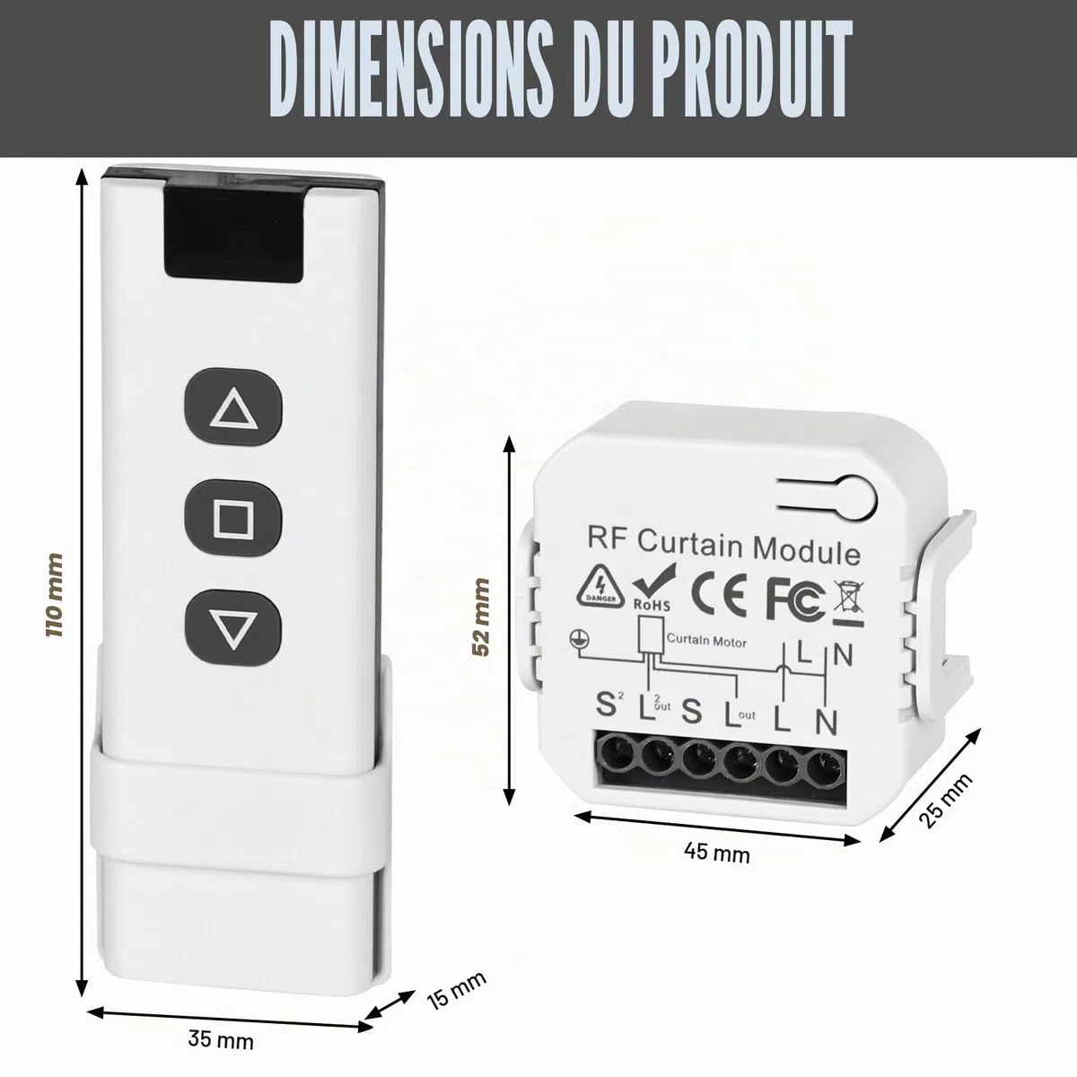 Aicharynic Module Volet Roulant Sans Fil, Kit de commande de volet roulant sans fil Interrupteur Sans Fil pour volets roulants avec télécommande RF + module récepteur