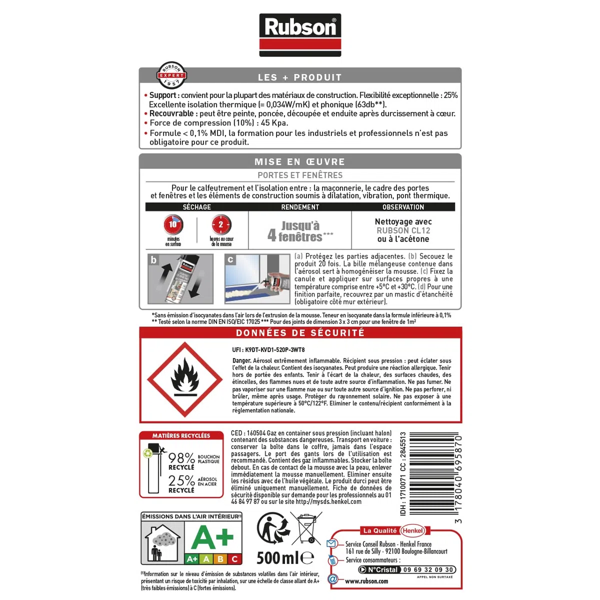Rubson Mousse Expansive Isole Portes et Fenêtres, Mousse pour isolation acoustique et thermique des cadres de portes et de fenêtres, Mousse tous sens blanche 500 ml, Blanc