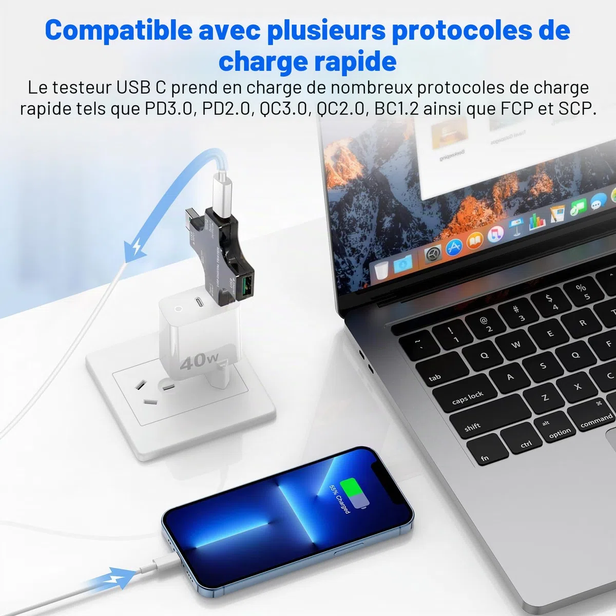 Testeur USB 2 en 1 USB C multimètre numérique USB C ampèremètre voltmètre Power mètre USB avec affichage de capacité de puissance