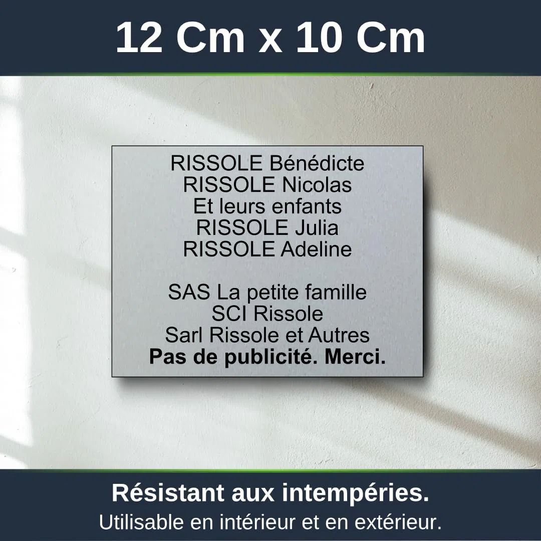 Plaque Boite Aux Lettres Personnalisable - 12x10cm - 10 Lignes - Étiquette Avec Nom Adhésive - Grand Format - Gravée et Personnalisée pour Porte - Maison - Famille - Bureau - Stop Pub (Argent)