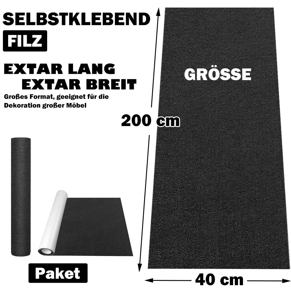 Feutrine Noire Autocollante, 40x200cm Rouleau Feutrine Adhesive,Tissu Feutre Epaisse 2mm,Feutrine autocollante pour Doublure de Boîte, Cadre Photo, Pied de Chaise, DIY, Halloween
