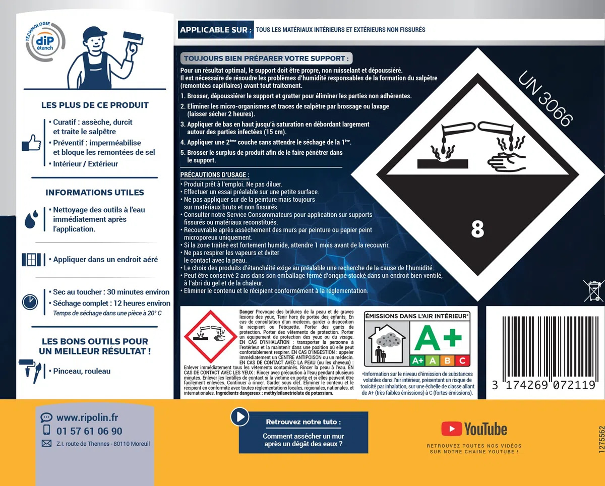 RIPOLIN -Traitement Murs Humides et Salpêtre - Intérieur & Extérieur - Nettoie, Assèche et Fixe les Fonds Poudreux - Haute Protection - Microporeux & Sans Rinçage - 0,75L - Incolore