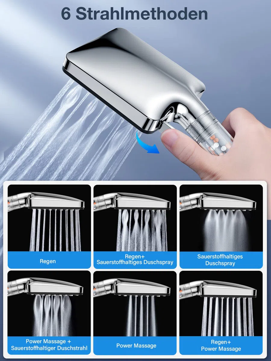 Pommeau de Douche avec Tuyau 1.6m, YEAUPE PRO Pommeau Douche Economie eau avec 6 Modes, Pommeau de Douche Carré Filtrant, Douchette Douche Salle de Bain Haute Pression Anti Calcaire, Chromé
