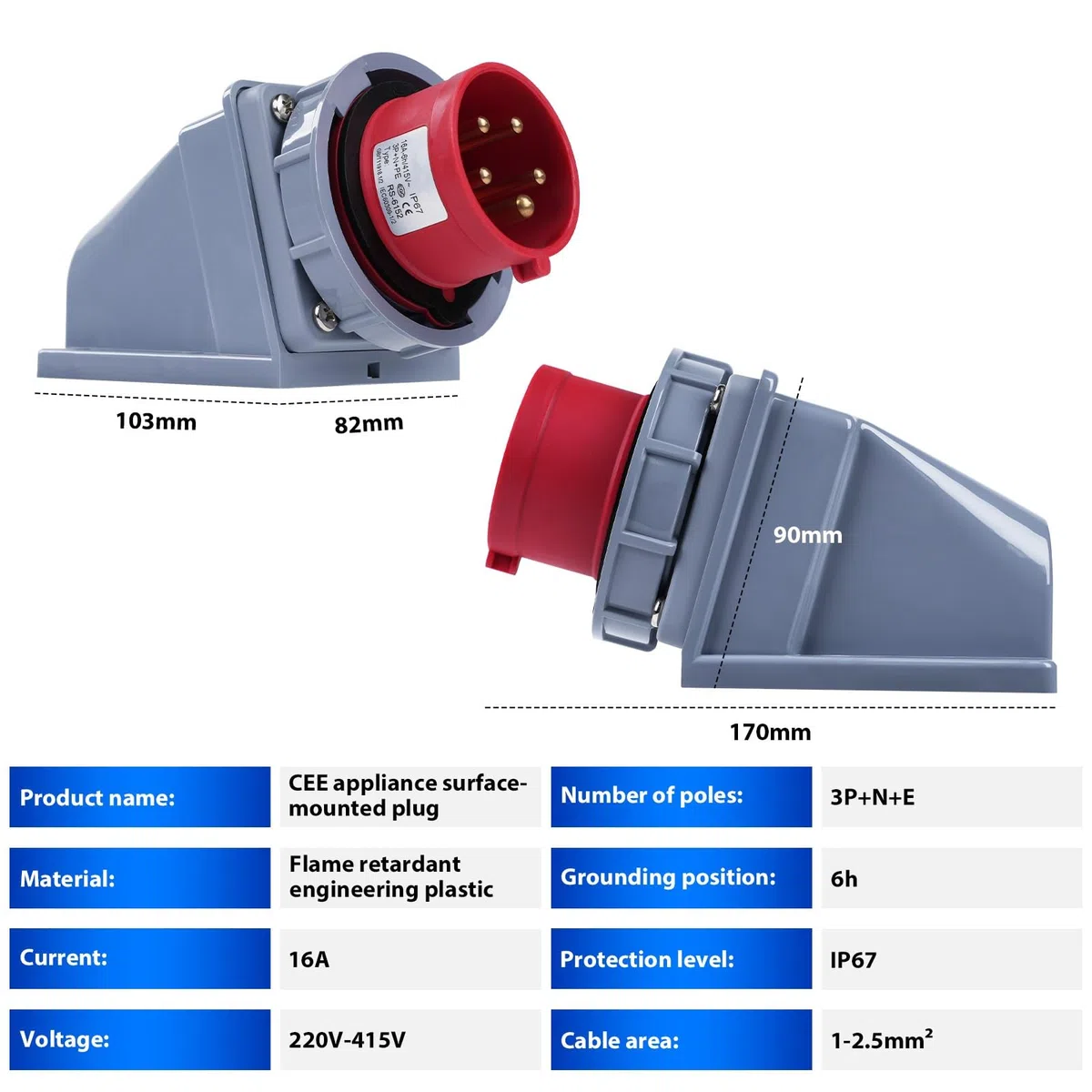 BuyWeek Prise d'Alimentation CEE 5 Broches 16A/415V Prise Camping Car Fiche Murale CEE IP67 étanche Prise Industrielle pour Extérieur Caravanes, 3P+N+E, Rouge