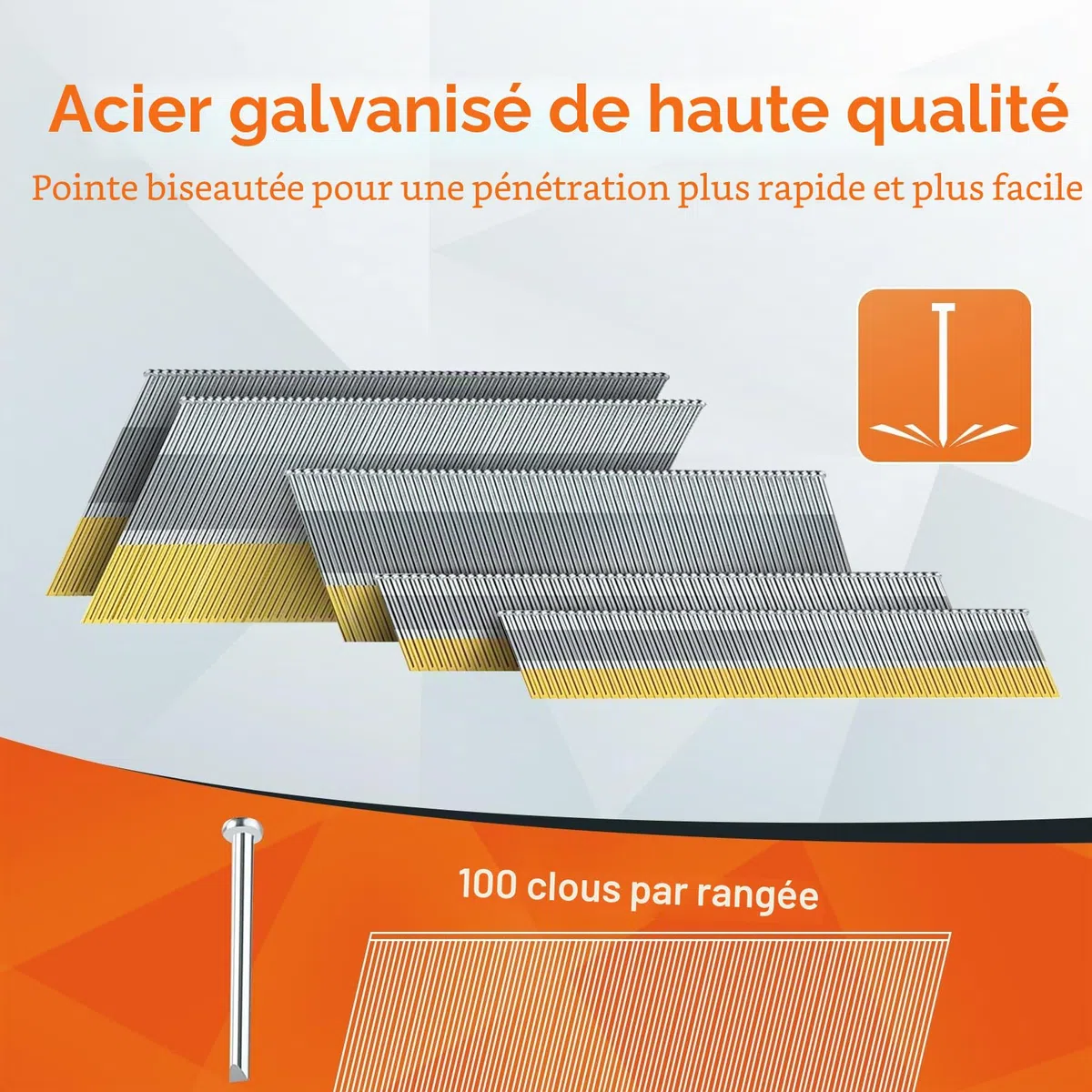 PINOZE Lot de 1200 clous de finition coudés DA de calibre 15, 34 degrés, lot de 1200 (6,3 cm, 5,1 cm, 3,8 cm, 300 par taille), lot de projets galvanisés de tailles assorties, pour cloueuse pneumatique