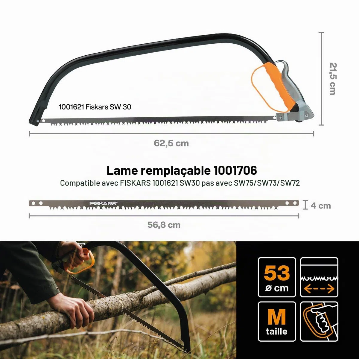 Fiskars Scie à bûches pour bois vert, Lame fixe, Longueur: 62 cm (21"), Protège-lame en plastique inclus, Acier, Noir/Orange, SW30, 1001621