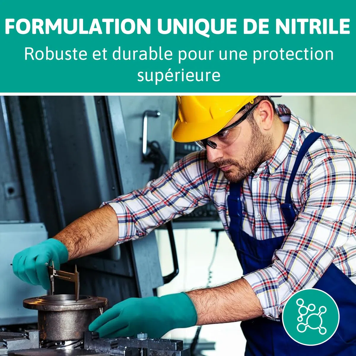 Ansell TouchNTuff 92-600, Gants jetables pour travaux lourds, Gants nitrile contact alimentaire, Gants de protection chimique et mécanique, Sans latex, Boîte de 100 gants en nitrile verts, Taille M