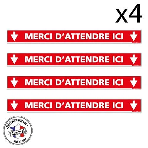Signalisation de Sol - Lot de 4 Bandes de Marquage au Sol - Merci d'Attendre Ici - 1000 x 100 mm - Adhésif Avec Colle Forte