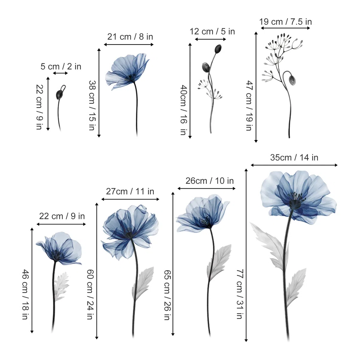 decalmile Stickers Muraux Fleurs Bleues Grand Autocollant Mural Fleurs Bleu Coquelicot Plante Décoration Murale Salon Chambre Salle de Bain