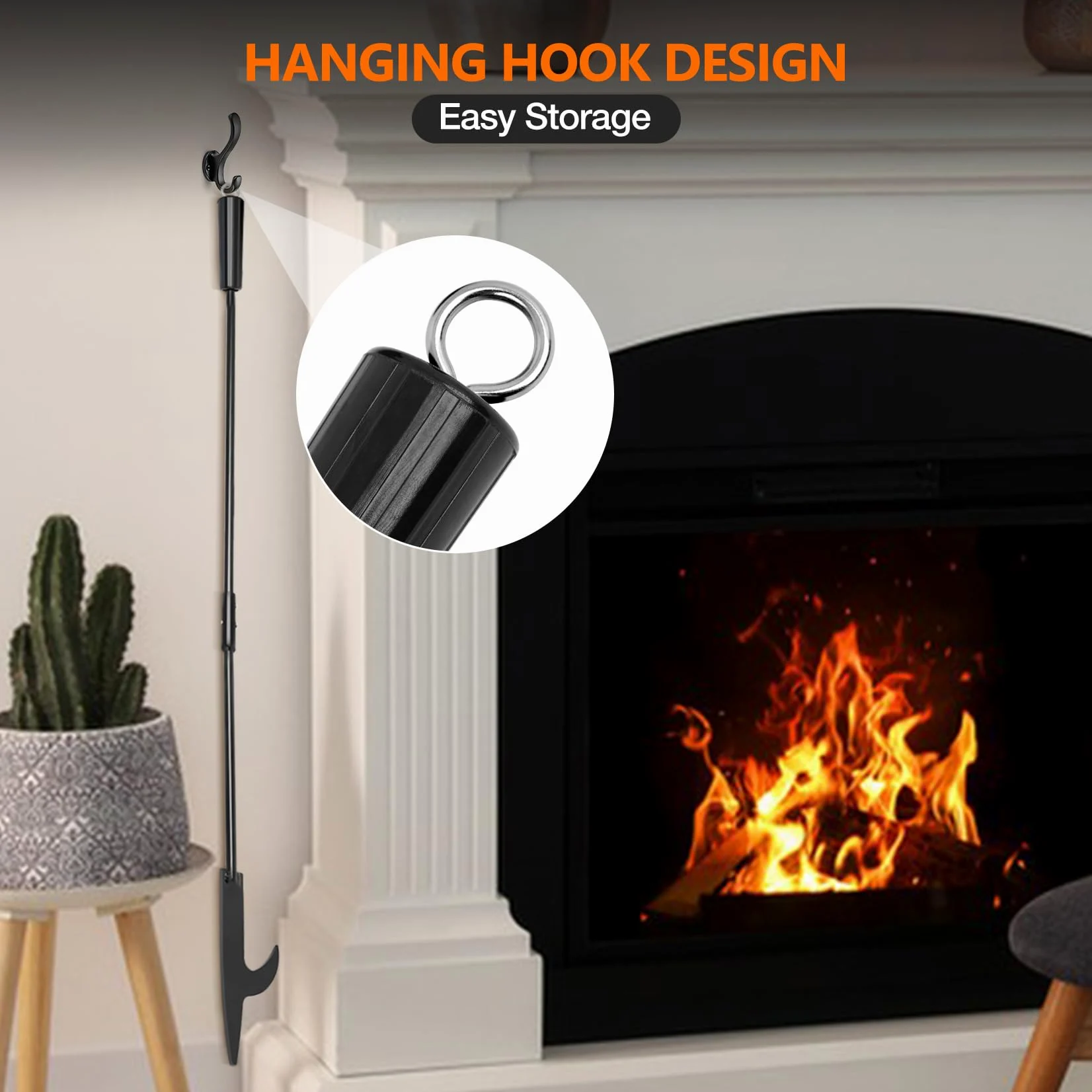 onlyfire Tisonnier de Cheminée 91 cm en Acier, Poker de Feu avec Crochet, Accessoire pour Poêle à Bois, Cheminée et Barbecue