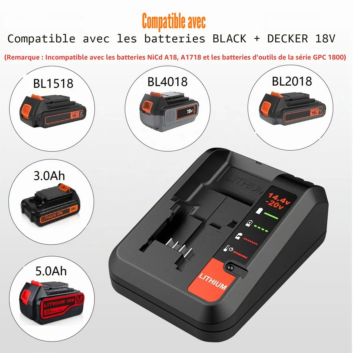 ENERGUP Chargeur de Rechange 3A pour Black & Decker Chargeur 18V Compatible pour Black+Decker Batterie 18V BL2018 BL4018 BL1518 LBXR20 LBXR20B（Incompatible avec Les Batteries d'outils GPC1800）