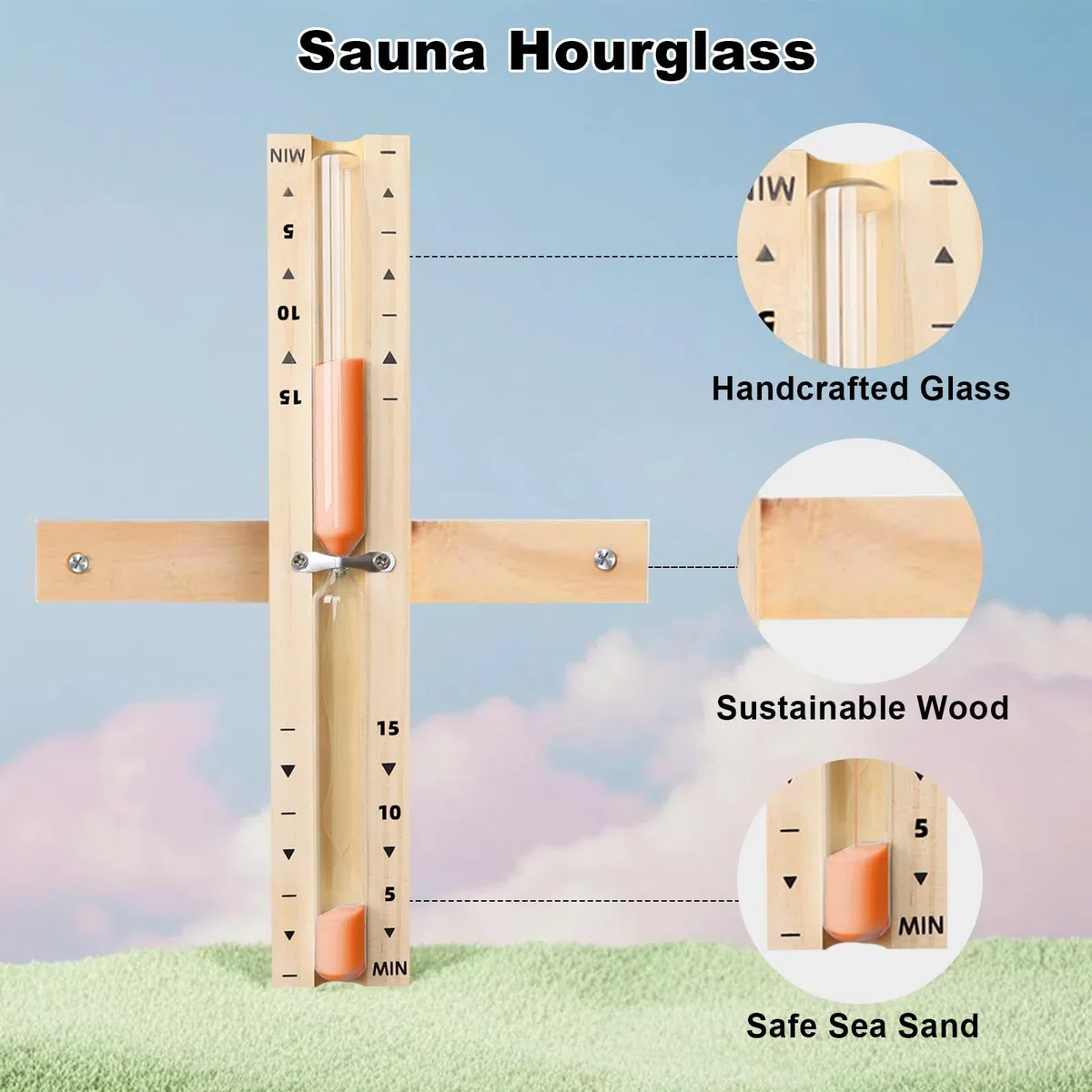 Sablier pour Sauna 15 Minutes en Bois 100% Naturel – Horloge de Sauna Élégante avec Sable Ultra Fin – Minuteur Relaxation & Bien-être, Sans Verre, Design Zen & Durable