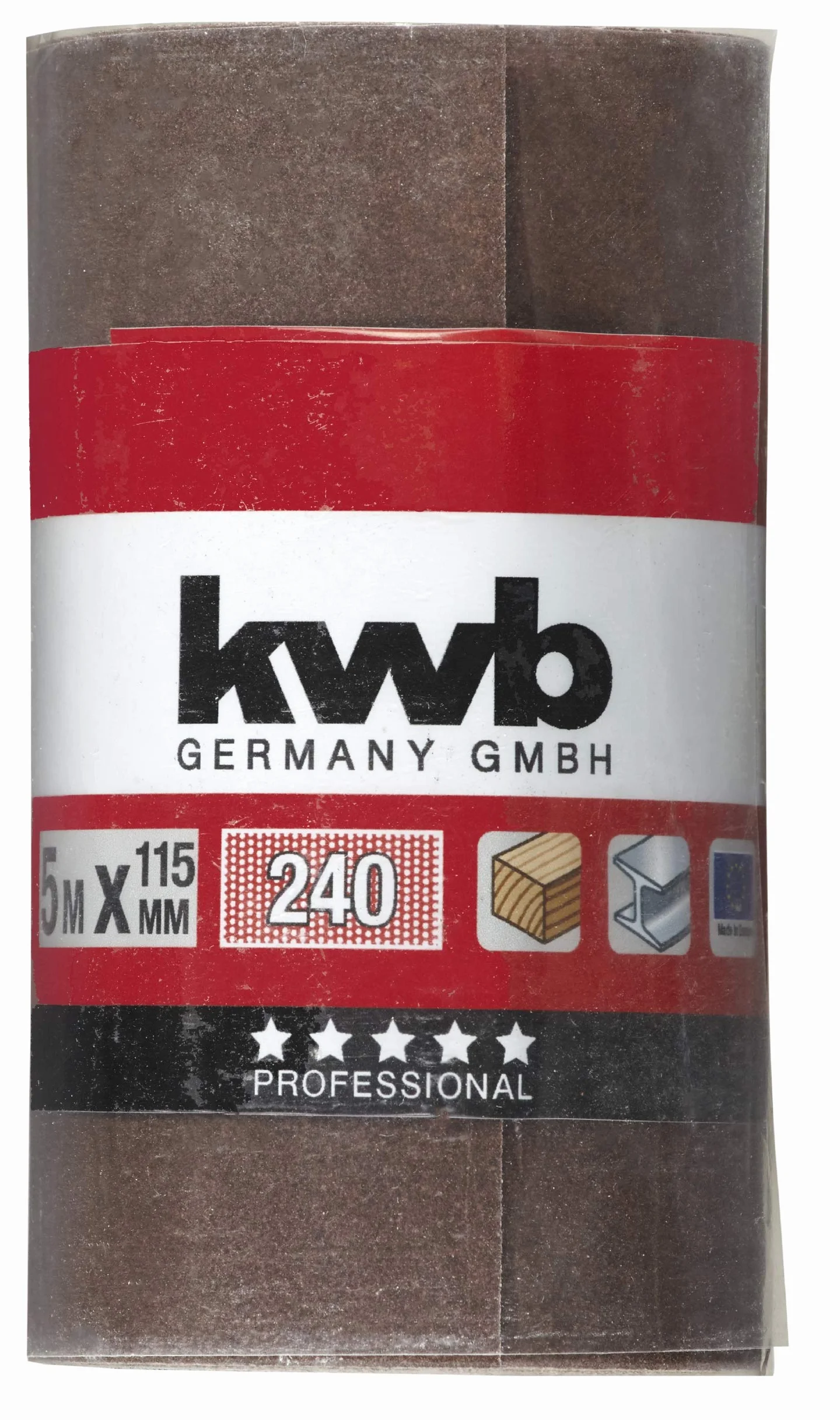kwb Rouleau abrasif 5 m x 115 mm en corindon de grain 240, encollage de résine synthétique de haute qualité et support papier renforcé pour le ponçage fin du bois et du métal