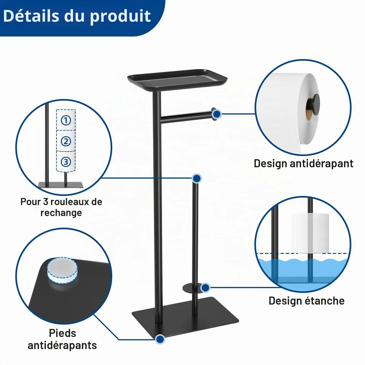 Porte-Rouleau de Papier Toilette sur Pied avec étagère de Rangement supérieure, Support de Papier Toilette, Distributeur de Papier Toilette au Sol, rangements 4 Rouleaux de réserve