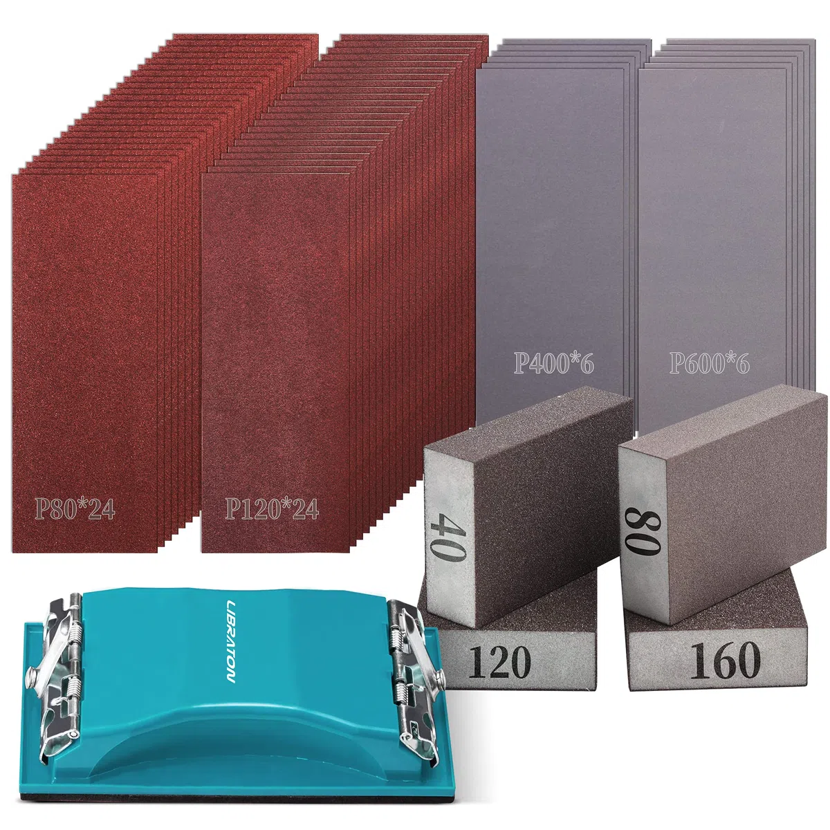 Libraton Papier Abrasive 65 Pièces, Assortiment de Verre Grain 80 à 600 Feuilles avec Ponceuse à Main, Éponges à poncer de 40/80/120/160, finition de meubles en bois polissag
