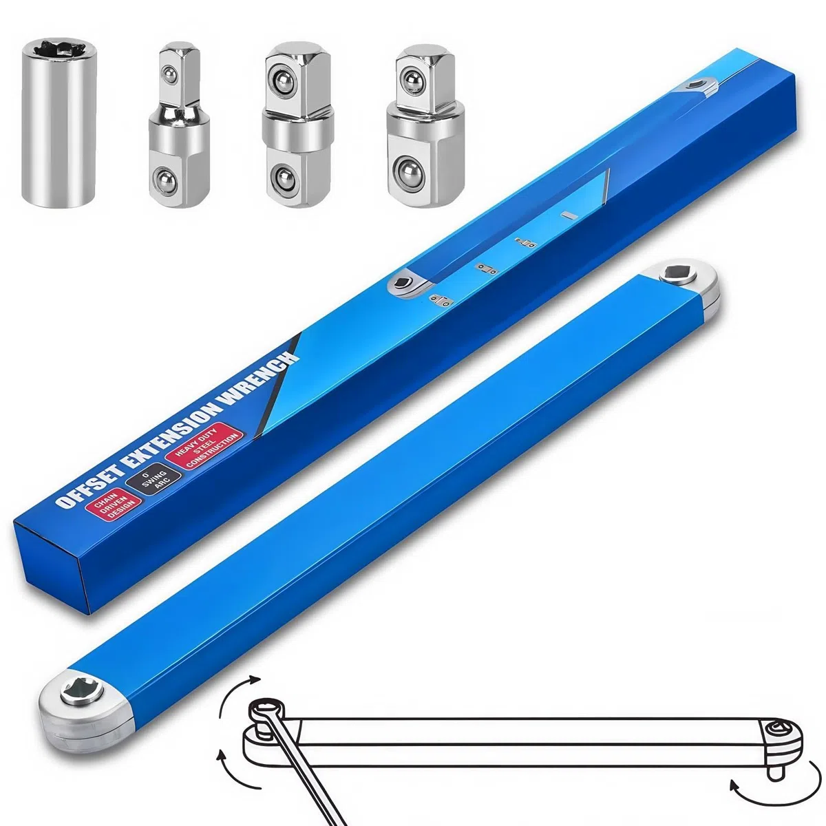 Clés à Douille à Rallonge Décalée, Cle Plate a Cliquet, Rallonge Cliquet, Avec Adaptateurs Carrés de 1/2", 1/4" et 3/8", Douille D'entraînement, Clé à Cliquet pour Petits Espaces