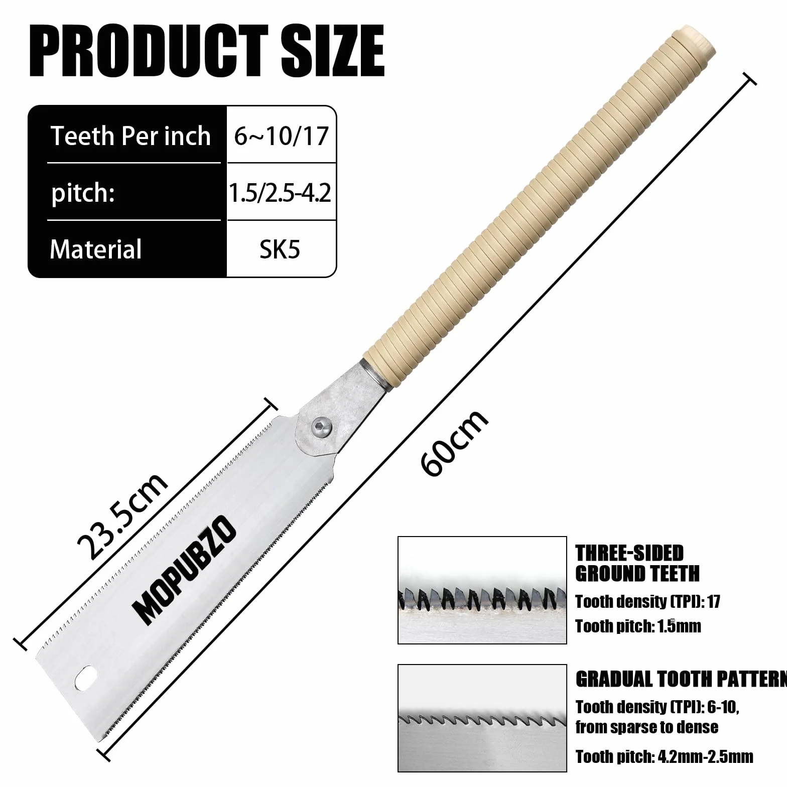 60cm Scie japonaise menuisier Ryoba double-tranchant 6-10/17 TPI, scie japonaise pour bois avec manche en rotin traditionnel, coupe longitudinale et transversale précises for Trimming Pruning Tool