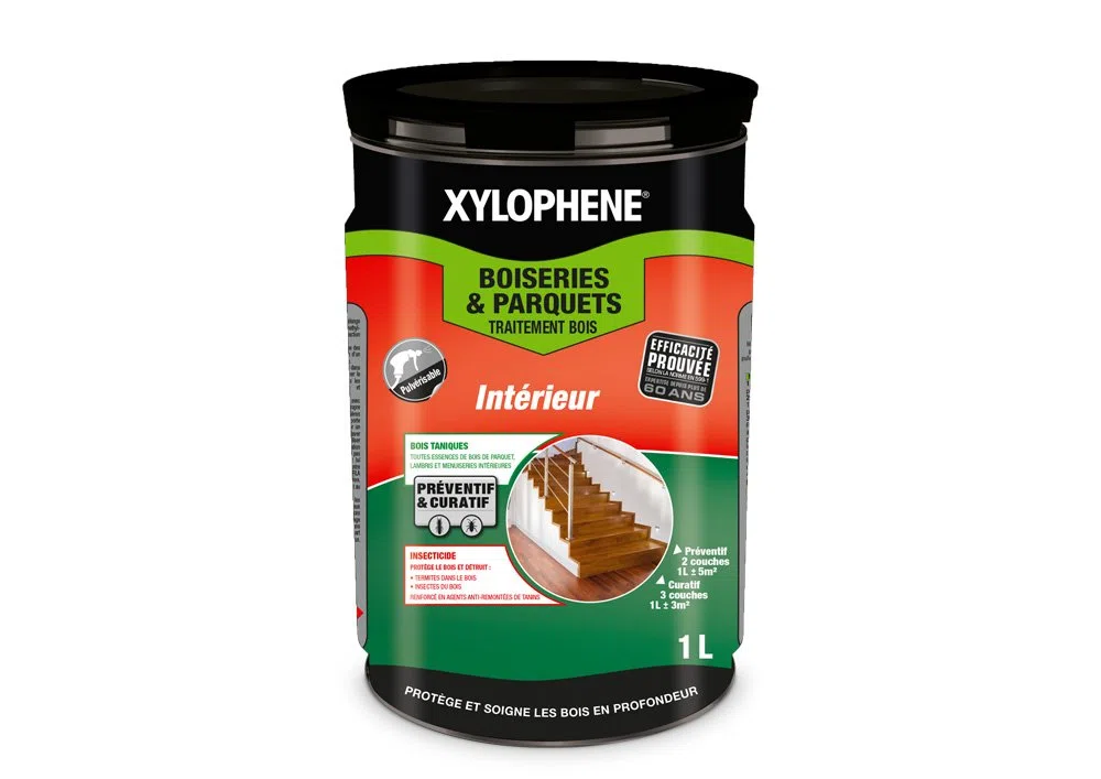 XYLOPHENE - Traitement Bois et Parquet Intérieur - Préparation du bois - Traitement Préventif et Curatif pour les Boiseries et Parquets - Anti Insectes, Anti Termites - Non Gras - 1L - Incolore