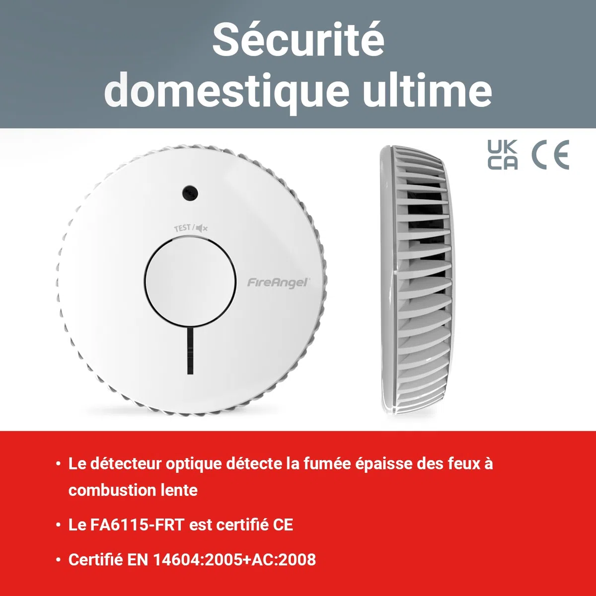 FireAngel FA6115-FRT Détecteur de Fumée Optique certifié NF, Détecteur Incendie pour Maison et Caravane, Durée de Vie de 10 Ans, Remplace Le ST-625