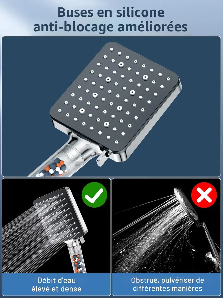 Pommeau de Douche avec Tuyau 1.6m, YEAUPE PRO Pommeau Douche Economie eau avec 6 Modes, Pommeau de Douche Carré Filtrant, Douchette Douche Salle de Bain Haute Pression Anti Calcaire, Chromé